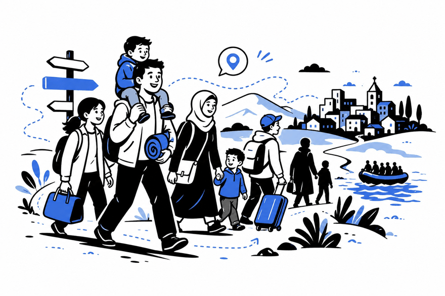 Una famiglia in cammino verso un paese, con segnavia e valigie: illustrazione sul percorso migratorio
